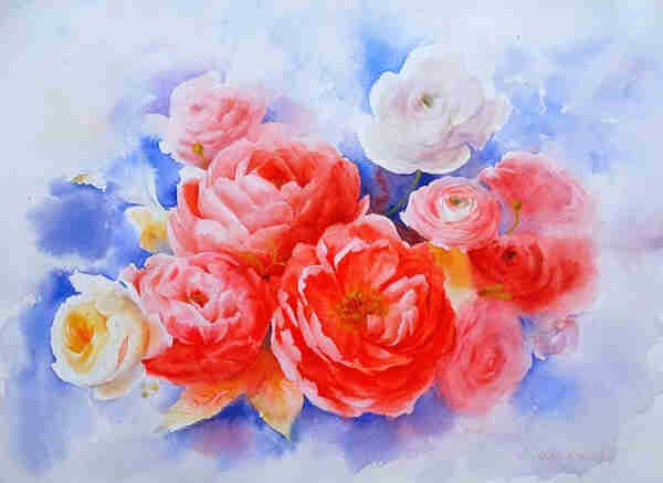 Watercolor painting of the beautiful bouquet of red, pink, and white peonies. 