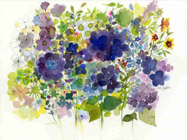 A watercolor field of hydrangeas, on a white ground, has a mix of petals and lots of blue, purple, and other subtle colors. There are white hydrangeas as well as quite a few little flowers that you might see in a garden. There are lots of different shapes, and it is painted loosely with line work. 