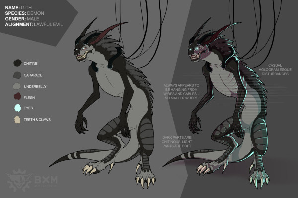 Reference sheet of Gith, a scaled demon in black and various grays with long, pointy ears, bright blue eyes and a jaw rigged with pointy teeth. He has a pair of tubes going from his head to his chest, and he is hanging off a bunch of cables.