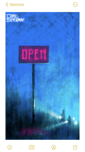 A scene at night, somewhere in a remote, natural area. The ground appears to be covered with low trees, weeds, and shrubbery. Rising up out of the ground is a sign with the word "open" on it in glowing pink letters. The sign is tall, like a sign for a gas station. Approaching the sign in the background are multiple hazy figures who appeared to be carrying powerful flashlights, like a search party. This is a mostly blue and black drawing.
