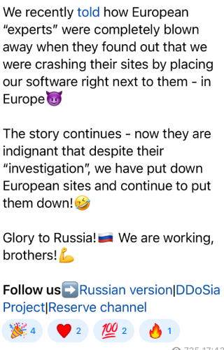 We recently told how European "experts” were completely blown away when they found out that we were crashing their sites by placing our software right next to them - in Europe & The story continues - now they are indignant that despite their "investigation”, we have put down European sites and continue to put them down! &g Glory to Russia!ma We are working, brothers! [, Follow usRussian version|DDoSia Project|Reserve channel

&a @2 W2 @ 