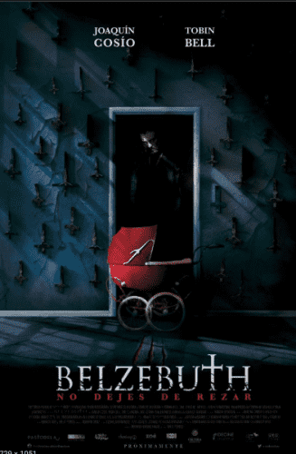 Film art for Belzebuth showing an old fashioned red baby carriage in front of a dark doorway, with the features of a demon looking at it. 