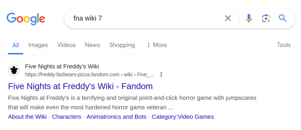 Google search for "fna wiki 7". The first result is the Five Nights at Freddy's wiki.