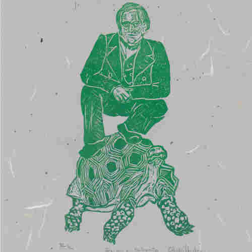 My linocut in green ink on grey washi paper with fibres and tiny bark inclusions. A young Charles Darwin in a suit crouches on the back of a tortoise.