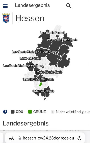 Übersichtskarte Hessen zur EU Wahl
Die bislang komplett ausgezählten Wahlbezirke dominiert die CDU.
Nur Darmstadt ist ein kleiner grüner Fleck in Hessen.
