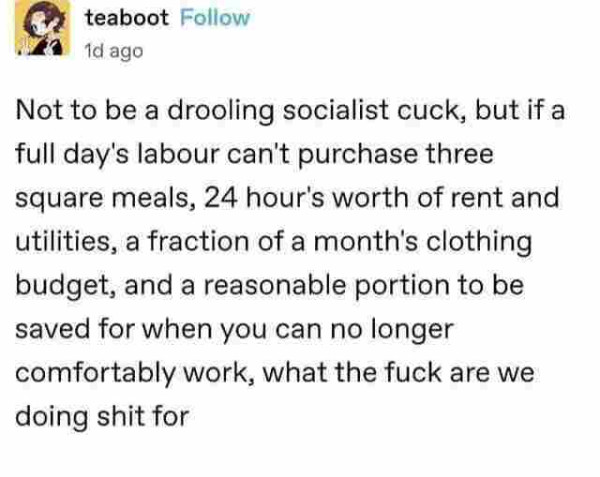 teaboot

Not to be a drooling socialist cuck, but if a full day's labour can't purchase three square meals, 24 hour's worth of rent and utilities, a fraction of a month's clothing budget, and a reasonable portion to be saved for when you can no longer comfortably work, what the fuck are we doing shit for 