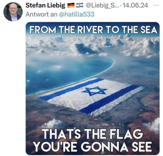 X post of professor Stefan Liebig (June 14, 2024). 

"From the River to the Sea (Israeli frag) That's the Flag you're gonna see"