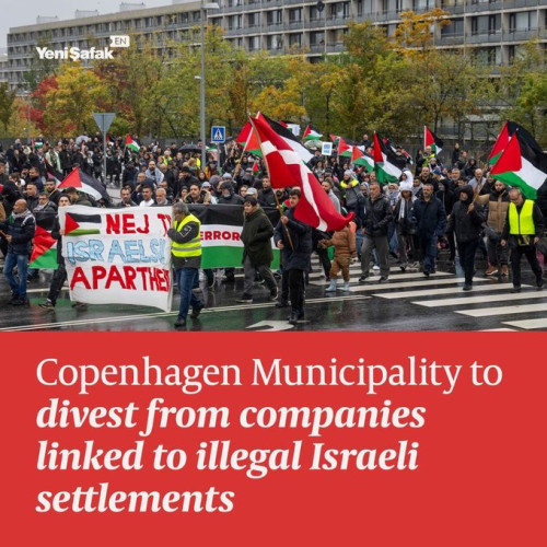 Picture of a large crowd of Palestine protesters.  Text reads
Copenhagen Municipality to divest from companies linked to illegal Israeli settlements.