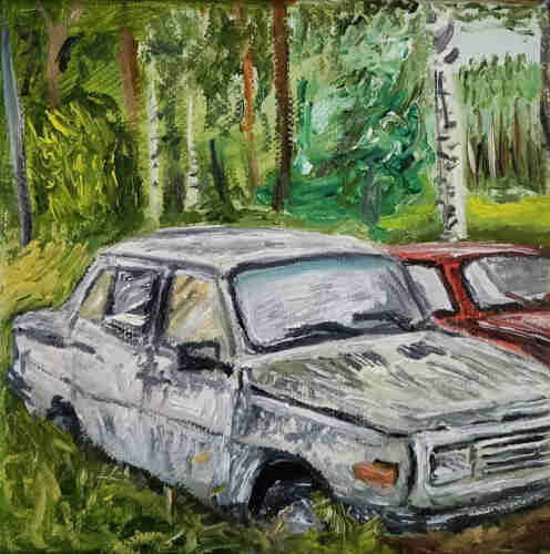 An oil painting of an old Wartburg car. White car wit moss. Grass and trees around the car.