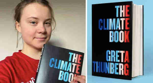 Greta Thunberg, looking at the camera, holding up a copy of The Climate Book.
