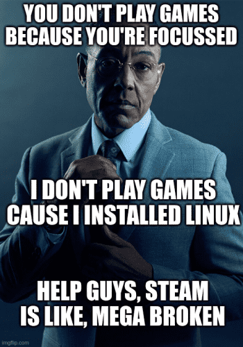 gus fring "You don't play games because you're focussed, I don't play games cause I installed Linux. help guys, steam is like, mega broken"