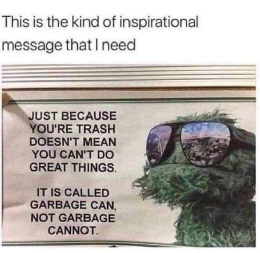 (Oscar the grouch)  This is the kind of inspirational message that I need JUST BECAUSE YOU'RE TRASH DOESN'T MEAN YOU CAN'T DO GREAT THINGS. IT IS CALLED GARBAGE CAN, NOT GARBAGE CANNOT.