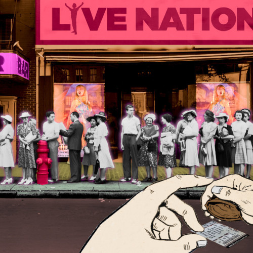 A Depression-era Chicago street-scene, featuring a long line of frustrated people standing in front of a series of store-fronts. The image has been altered. It has been colorized. A Live Nation sign has been matted in on one of the storefronts. In the foreground, a disembodied pair of hands perform the shell-game reveal, and beneath the shell is a Ticketmaster ticket.