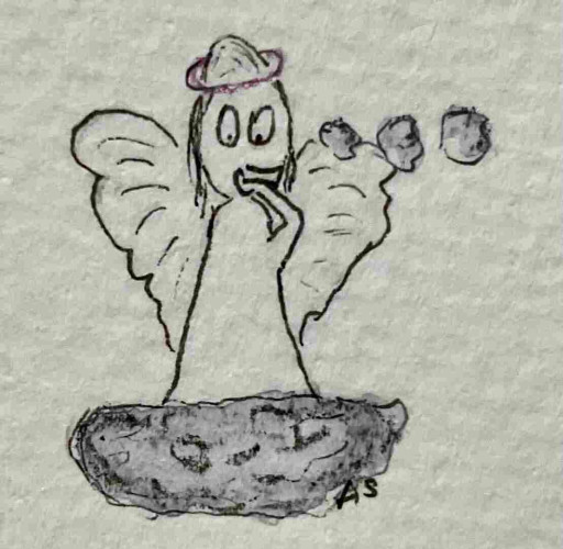 Hand-drawn sketch of a whimsical character with halo and wings standing on a cloud, holding a cigarette, with three smaller cloud-like shapes floating nearby.