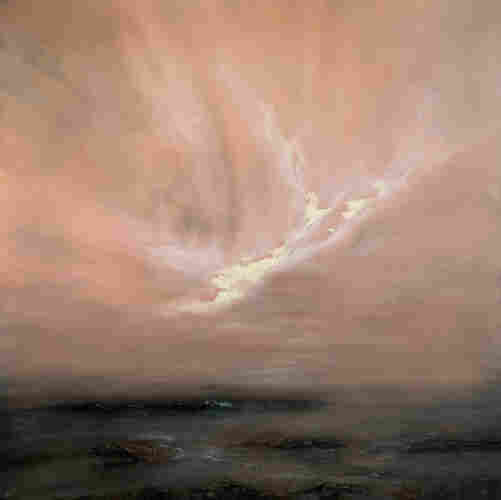 Original seascape oil painting by Tisha Mark, "After the Storm" 30"x30" oil on cradled gessobord (2024). Moody seascape with an orange-toned sky with light breaking through after a storm.