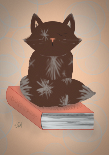 Digital drawing of a brown cat covered in grey stars sitting on a book.