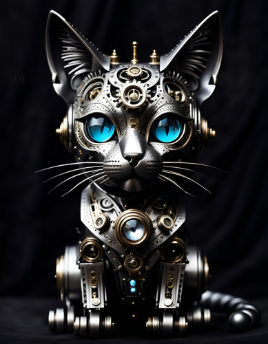 AI image of a steampunk cat with blue eyes. 