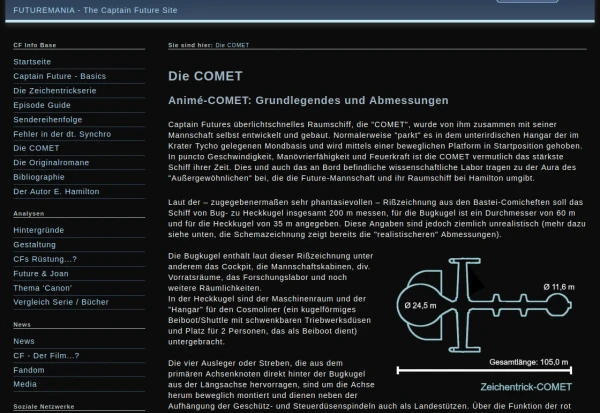 Screenshot der "COMET"-Sektion von Futuremania.de... Hier finden sich jede Menge Informationen zum überlichtschnellen Raumschiff der Future-Mannschaft.