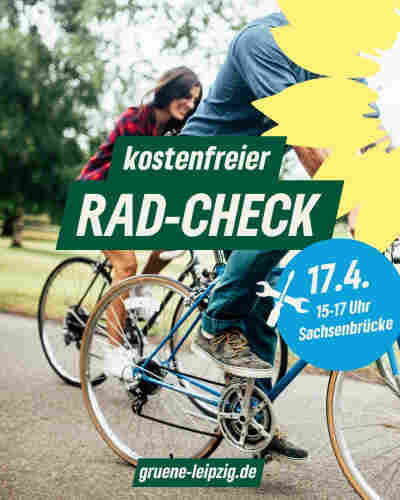 Sharepic mit einem Bild von zwei Radfahrenden in einem Park. Darauf ist geschrieben: "kostenfreier Rad-Check, 17.4. 15-17 Uhr Sachsenbrücke"