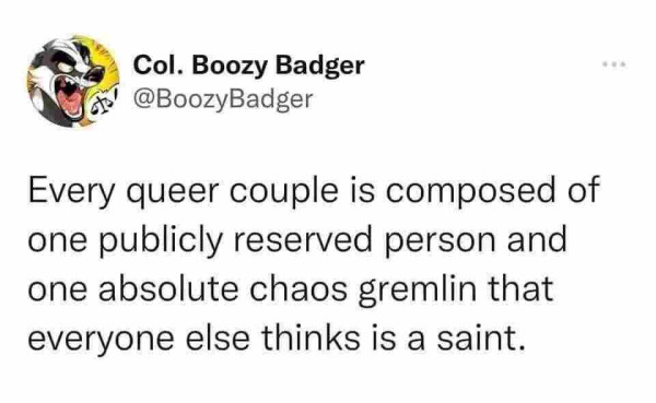 Every queer couple is composed of one publicly reserved person and one absolute chaos gremlin that everyone else thinks is a saint.
