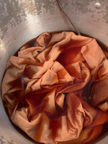 Cloth partly submerged in a coral-colored dye bath in a big aluminum dye pot.