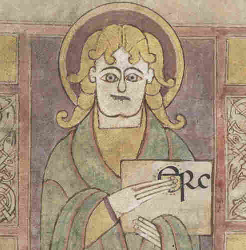 Stylised image of a person with a halo holding a book in a medieval manuscript, in purple, green, and yellow. The acronym "ERC" is written on the book.