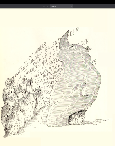 drawing by F.K. Waechter. A huge rhinoceros is sitting down on a small owl who is obviously not happy about this state of affairs. There are like fifteen owls on the left side all angrily repeating the word "owl oppressor" at the rhinoceros 