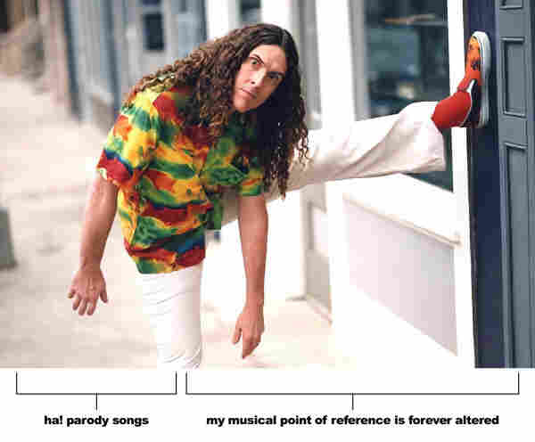 Weird Al Yankovic striking a pose with one leg propped way up  on a wall. Below, a timeline showing 2 time periods: “ha! parody songs” and “my musical point of reference is forever altered”