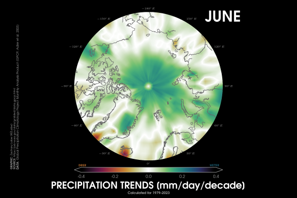 Polar stereographic map showing June precipitation trends over the period of 1979 to 2023. Nearly all areas are getting wetter across the Arctic in this month. Data is from GPCP.