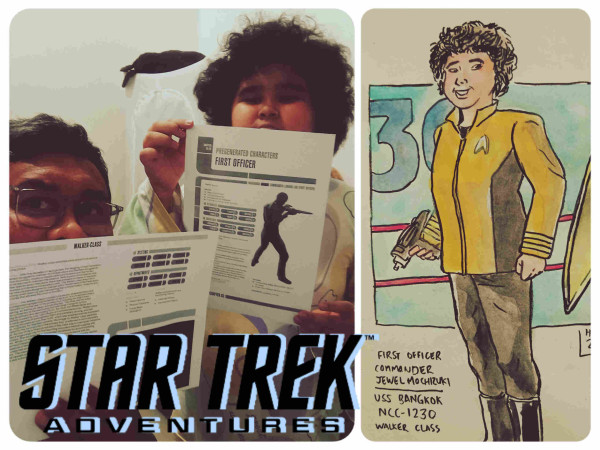 2 panel image. Panel 1: My niece and I with charsheets and the Star Trek Adventures title. Panel 2: My niece's character art of Commander Jewel Mochizuki of USS Bangkok NCC-1230, wearing Strange New Worlds Command Division uniform. 