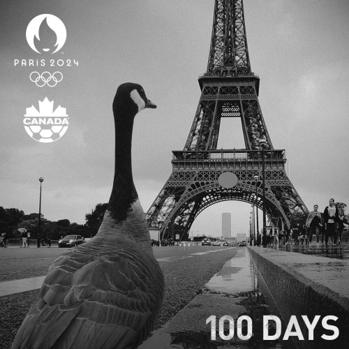 Ad for Canada's Olympic team. Black and white photo of a Canada goose staring down tbe Eiffel tower. It says Paris 2024 100 DAYS