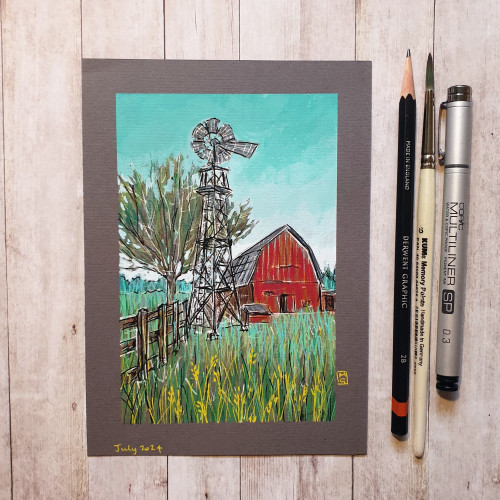 Original drawing - Red Barn
Materials: colour pencil, mixed media, acid free grey pastel paper
Width: 5 inches
Height: 7 inches
A colour landscape drawing of a farm with a red barn and a windmill. The colour palette for this artwork is mostly green and red.