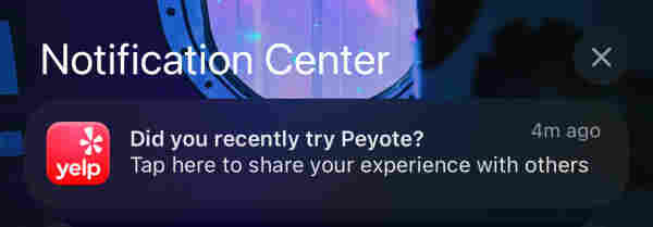 Notification Center
yelp
Did you recently try Peyote?
Tap here to share your experience with others
