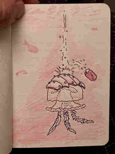 Drawing of a jellyfish wearing an armadillo-like armor that just saved it from a falling soda can

Zeichnung einer Qualle mit einer Gürteltier-ähnlichen Rüstung, die sie gerade vor einer fallenden Sodadose gerettet hat