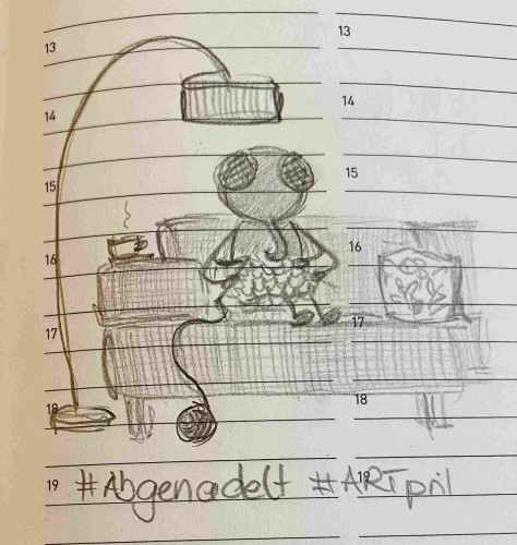 Pencil sketch on a calendar page of a fly sitting on a couch with a pillow and a cup of tea, the fly is knitting. There's a hashtag "#abgenadelt #Artpril" written below