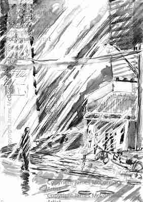 A figure walks through dark city streets on a rainy night , drawn in black and white.
