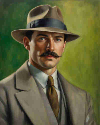 An Ai generated image of Simmons, in his favorite gray suit, with matching fedora.  He's a green-eyed man with a mustache.