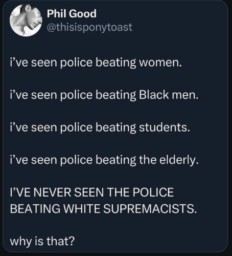 @thisisponytoast 
i’'ve seen police beating women.
i’'ve seen police beating Black men.
i’'ve seen police beating students.
i’'ve seen police beating the elderly.
I’VE NEVER SEEN THE POLICE BEATING WHITE SUPREMACISTS.
why is that?