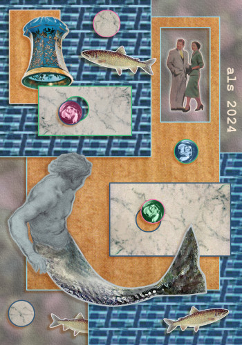 Tall rectangle with rough stone background in soft gray. Overlaid with two segments of tiled neon-blue rectangular pattern for “water.” Two different sized panels of oak interlace with the blue pattern. One has a doorway cut out at upper right to show a 1950s couple looking left towards a young merman in the lower left foreground. His upper body is “Study of a Seated Youth” by 17th Century artist Pietro Da Cortona. Trim: An inverted blue vase with a fluted edge and gold rim, two different size white marble panels, each with a disc cut out and moved, three fish, and three small, bright-colored glass spheres.
