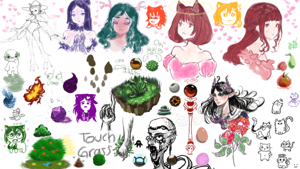 A canvas filled with random doodles. Top half is mostly female anime-style characters, many crystals and grass patches in the middle/left, bottom right corner is cat and also there's an Junji Ito style horror dude somewhere on the page. 