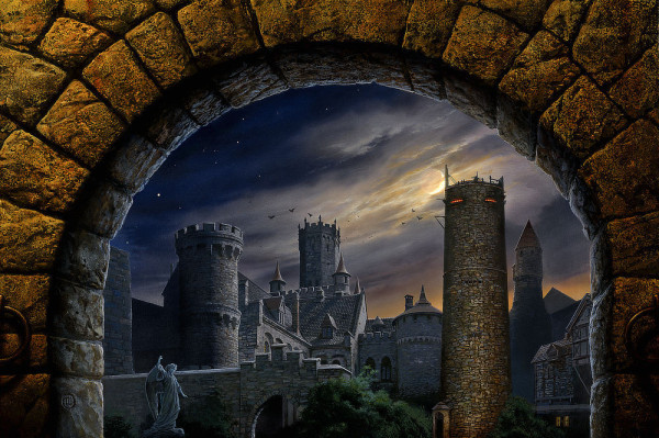 Constrained view of a castle courtyard as seen at night through a stone archway lit from behind the viewer. On the right, the Tower of Hjeldin rises with wide narrow, barred slits at the top glowing red. The statue of an angel stands on the left with one arm raised. Tall bushes obscure the entrance through an inner wall leading to the keep. Above is a mix of starry dark sky and layers of clouds illuminated by a glowing crescent moon.
