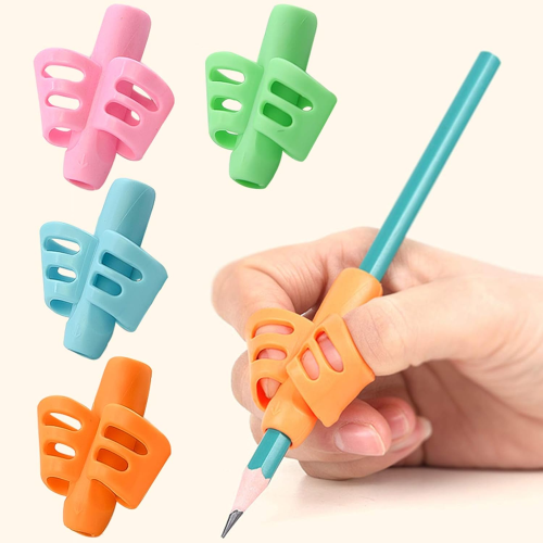 Pencil grip holders in various colors along with a practical example of a hand holding a pencil. The grip slides on to a pencil and guides finger placement