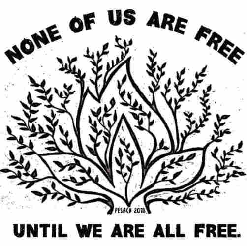 Drawing of a bush with the words “None of us are free until we are all free”