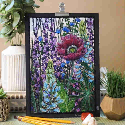 Original oil pastel painting - How does your Garden Grow
An oil pastel artwork featuring a garden bed of flowers including a large dark pink poppy and blue delphiniums.
Materials: Oil pastel, Canson black pastel paper, Liquitex Professional Gloss Gel
Width: 21 centimetres
Height: 29.5 centimetres