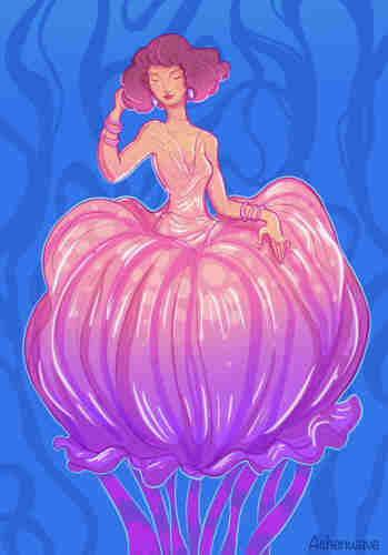 A digital illustration of a jellyfish mermaid in pink and orange colors. Her expressio is peaceful and charming