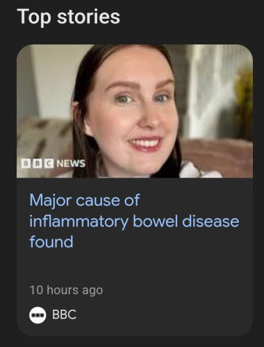 Screenshot of a BBC News article titled "Major cause of inflammatory bowel disease found." For some reason, the photo that accompanies the headline is a smiling woman.