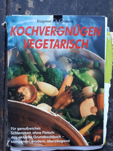 Sehr abgegriffenes Buch: "Kochvergnügen Vegetarisch" von Dagmar von Cramm. Auf dem Buchcover ist ein Foto von einer Gemüsepfanne abgebildet. 

Kein Roman, aber ein Buch, das mich gerettet hat, weil alle in meiner Familie sich damals weigerten, vegetarisch zu kochen. Ich habe das Buch immer noch und es steht jetzt zwischen vielen anderen tollen Kochbüchern.