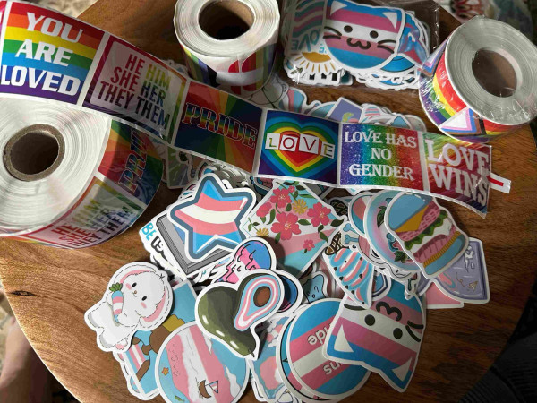 A whole bunch of trans and Pride stickers
