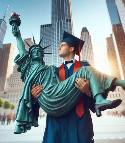 AI generated image of a student carrying statue of liberty
