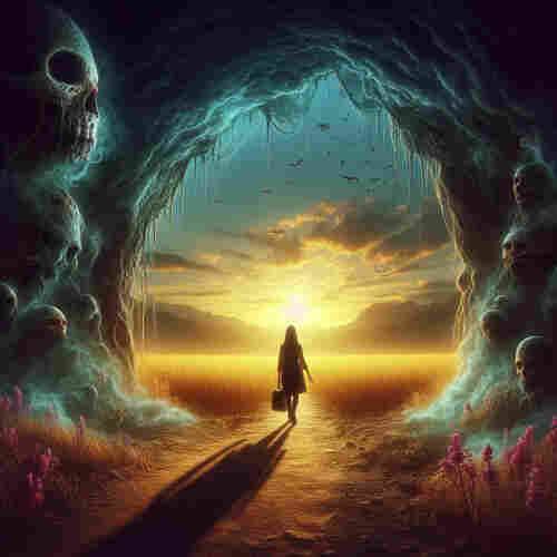 A person leaving a scary looking dark cave and walking into an illuminated beautiful world.